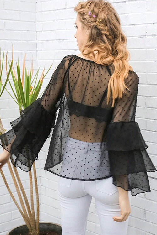 Triple Frills Black Pom Pom Textured Blouse