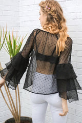 Triple Frills Black Pom Pom Textured Blouse