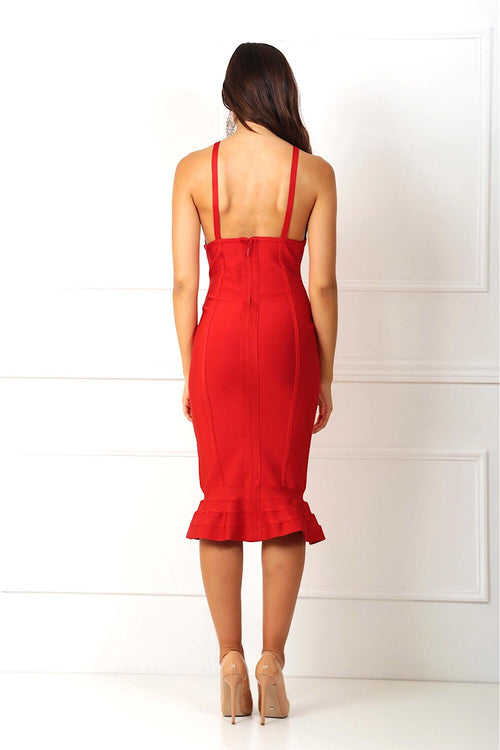Penelope Red Fishtail Bandage Dress