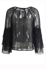 Triple Frills Black Pom Pom Textured Blouse