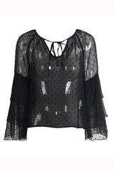Triple Frills Black Pom Pom Textured Blouse