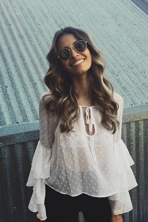 Triple Frills White Pom Pom Textured Blouse