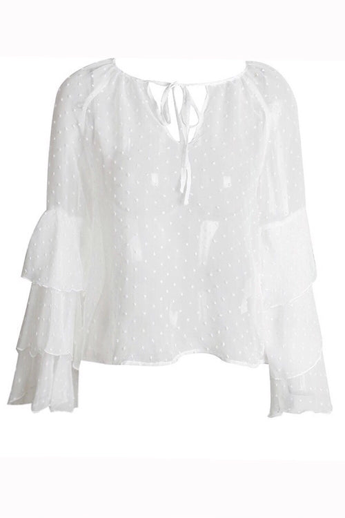 Triple Frills White Pom Pom Textured Blouse