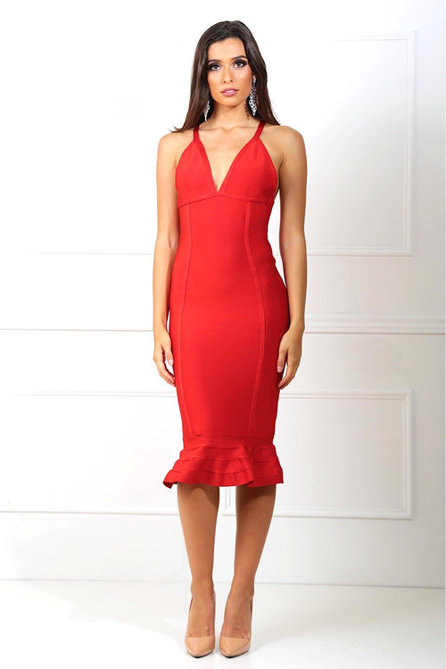 Penelope Red Fishtail Bandage Dress
