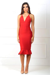 Penelope Red Fishtail Bandage Dress